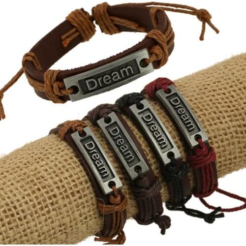 Fashion Casual Vintage Dream Charm Genuine Leather Bracelet Wrap Cuff Retro Bangle Handmade Wristbands Men Women Unisex Jewelry