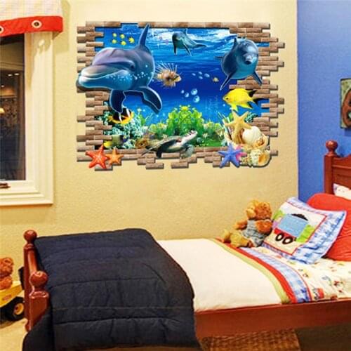 Sea Dolphin Ocean Window Fish underwater 3d Wall Stickers for Kids Room Decoration sticker decals Bathroom Decoration