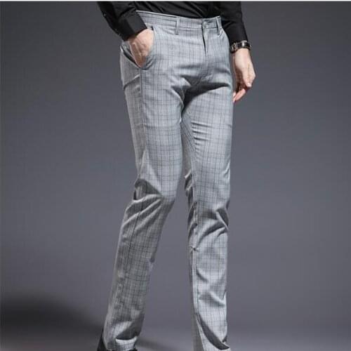 Mens Casual Pants Korean Slim Trousers Plaid Pants Gray Business Straight Business Casual Male Pant C33