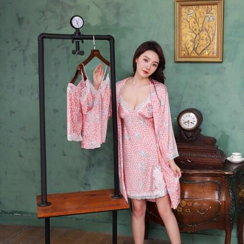 Summer Spring 4Pcs Set Elegant Women Pajamas Set Lounge Pink Satin Lace Sleepwear With Chest Pads