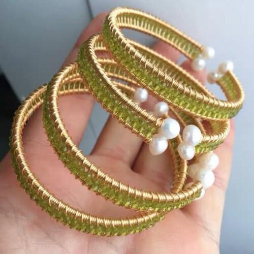 2021 New Handmade 14KGF Wire Wrap Cuff Bracelet Olivine Bangle Femme Charm Jewelry for Women