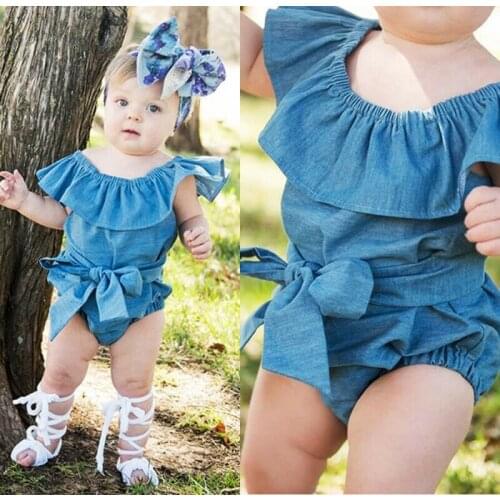 Pudcoco New Arrival Cute Newborn Baby Girls Front Bowknot Solid Romper Blue Jumpsuit Outfits Clothes 2019