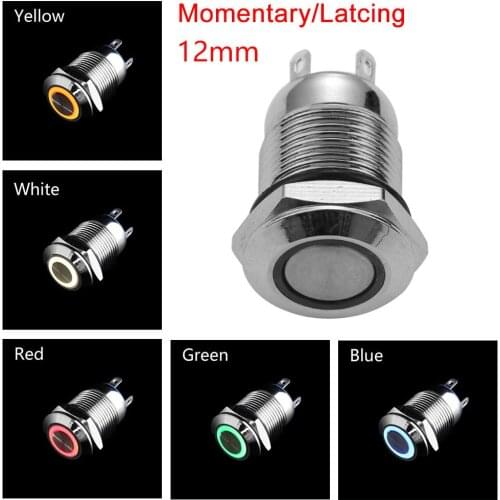 New 3V 5V 9V 12V 24V 110V 220V Pushbutton Switches 12mm Car LED Metal Button Switch Waterproof Self-locking Momentary/Latching