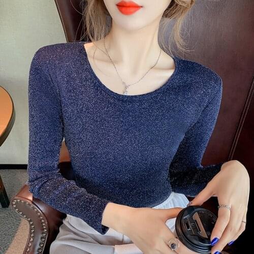 Autumn Female T-shirt Fashion Bottoming Shirt Bright Silk Mesh T Shirt Women Long Sleeve Solid Casual Top Tees Stretch Plus Size
