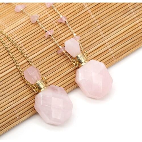 Natural Perfume Bottle Crystal Stone Pendant Necklace fashion Rose Quartzs Essential Oil Diffuser Charm Copper Chain Jewelry