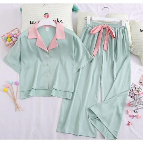 Summer New Young Lady 2PCS Pajamas Suit Turn-down Collar Nightwear Short Sleeve Shirt&Pant Sleepwear Green Faux Silk Home Wear