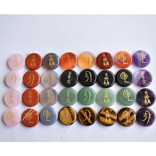 Fashion good quality natural stone carved Engraved Runes Symbols Reiki Healing Stone round No hole pendants 4pcs/lot wholesale