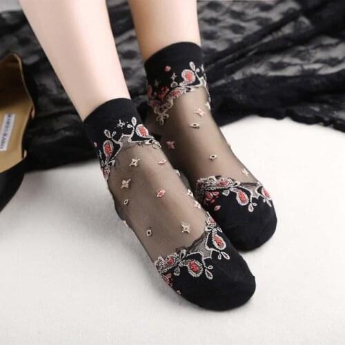Transparent Crystal Lady Socks Summer Ultra-thin Baroque Glass Card Fashion Women Sock Harajuku Literary Short Embroidered Socks