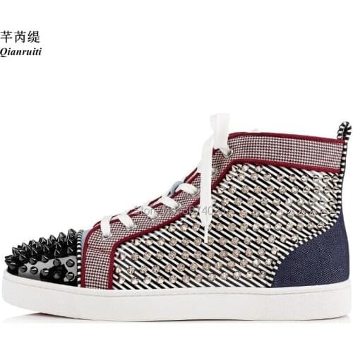 Qianruiti Men Stress Sneakers Spiked Casual Shoes Patchwork Flats Round Toe Rivets Shoes Lace Up Trainers High Top Sneakers