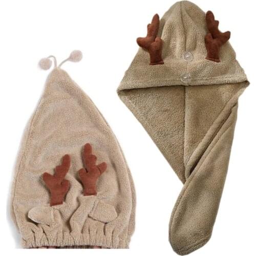 Women Girl Coral Velvet Cartoon Bath Shower Cap Cute Deer Antlers Hair Drying Hat Thicken Super Water Absorption Towel Head Wrap