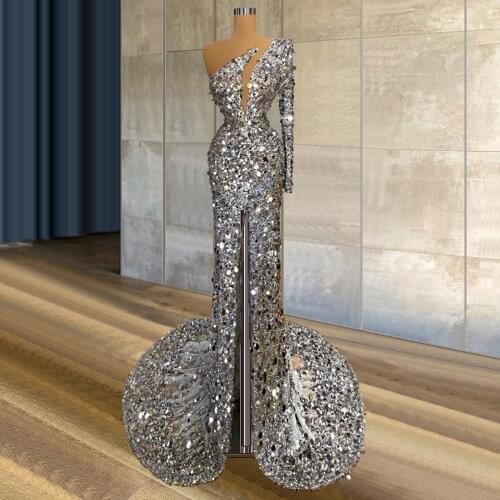 High End Glitter Sequins One Sleeve Evening Dresses вечернее платье Party Dress for Celebrity Dubai De Soiree