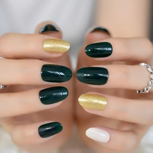 Greenblack Dark Green Golden Glitter False Fake Nail Round Summer Wear Nails DIY Nail Art Full Cover Acrylic Nail Tips