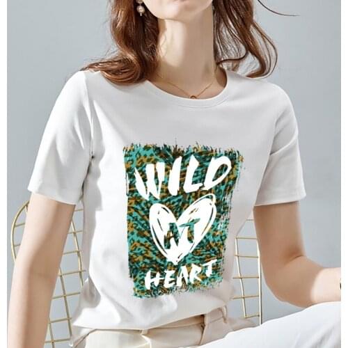 Womens T-shirt Top Small Fresh Wild Lettering Printed Pattern White Classic T-shirt Casual Slim Ladies Round Neck Short Sleeves