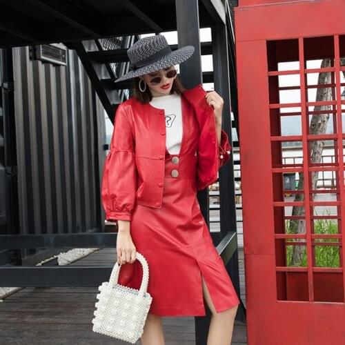 2020 New Autumn Winter Loose Sheepskin Genuine Jacket Women Red Black Casual Beading Short Real Leather Top Coat Ladies