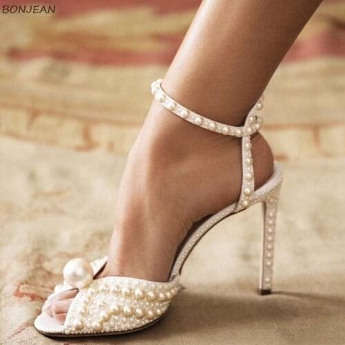 Women Sandals Fashion High Quality Wedding Shoes Women New Pearls Studs Luxury Peep Toe High Heels Buckle Strap Woman Sandals
