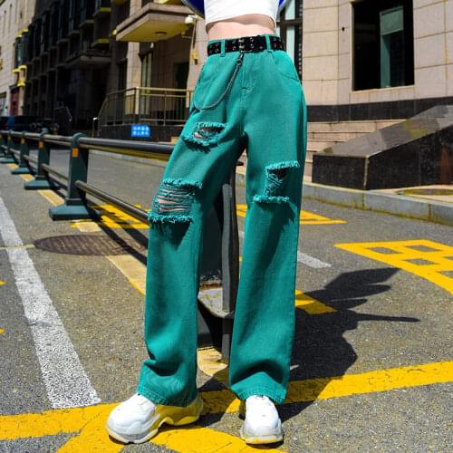 2021 New Summer Jeans For Women Holes Ripped Beggar Belted Loose Wide Leg Denim Pants Straight Full Length Jean Trousers P156