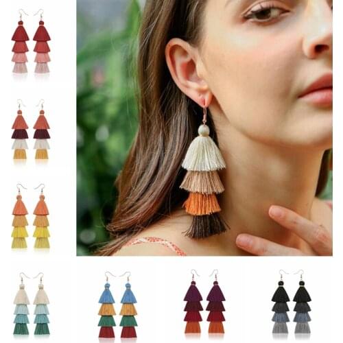 HUISHI Fashion Womens Earrings 2020 Tassel Bohemian Fringe Gradient Multilayer Tassel Drop Earrings Women Dangle Silk Fabric