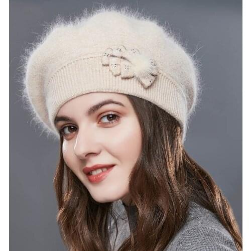 ENJOYFUR Cashmere Beret Hat Female Rabbit Knitted Winter Hats Caps Lady Middle-Aged Cap Fashion Bow-Knot Ball Gorro Warm Hat