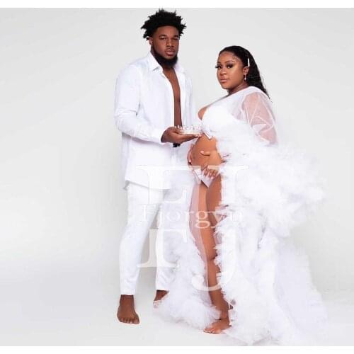 2020 White Woman Tulle Robes Sheer See-Through Beach Baby Shower Party Ruffles Tiered Sweep Train Long Maternity Robes Vestido