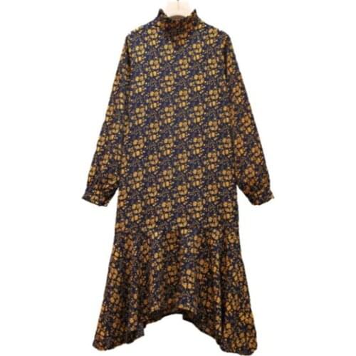 Large sSize womens long sleeve Dress 2020 new Spring floral dress Loose foreign style was thin and irregular Midi dress