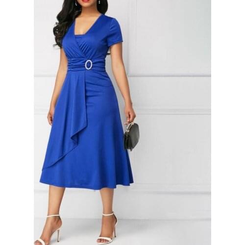 Ladies Dress Plus Size Asymmetric Hem High Waist Dresses Women V Neck Short Sleeve Tight Large Swing Midi Evening Party Dress