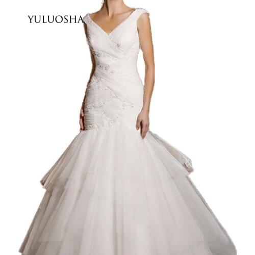 YULUOSHA Women Mermaid Wedding Dress Lace Tulle Appliques V-neck Ivory Bridal Gown Custom Cheap Mariage Wear Vestido De Novia