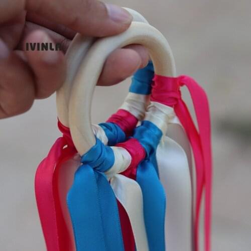 20pcs/lot fushia Color Stain ribbon Wooden Ring With Bell Birthday Party Favors