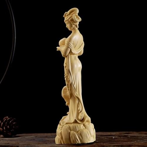 20cm Beauty Boxwood Sculpture Feng Shui Birthday Gift Solid Wood Statue Chinese Girl Home Decor