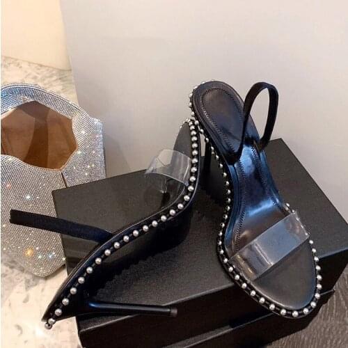 2020 Bling Bling Rhinestone Sandals Women Summer High Heels PVC Open Toe Rivet Sandals Ankle-Strap Party Shoes