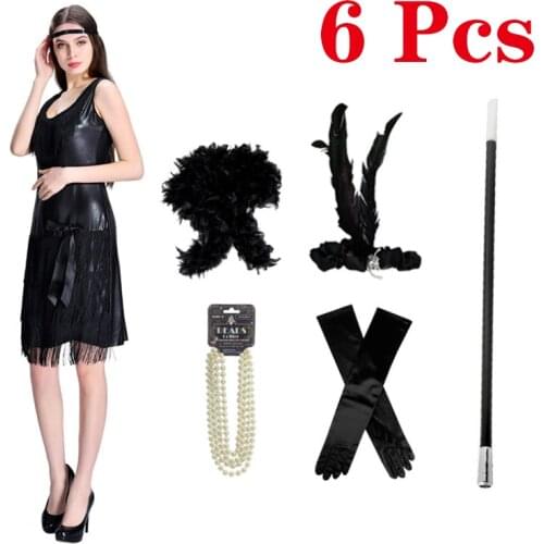 6 PCS Set 1920s Flapper Girl Gatsby Party Retro Dress Accessories Gloves/Cigarette Stick Halloween Costume For Women