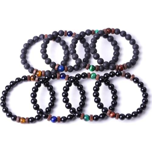 8mm Tiger Eye Chakras Bracelet Wooden Spacer Black Matted & Lava Stone Budhha Bracelet Yoga Friendship Jewelry Women Men