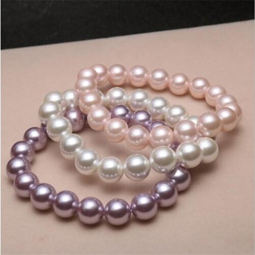 High Quality Natural Shell Pearl Round Beads Bracelet Purple White Bracelet Women Beaded Stretch Bracelet Energy Gift Jewelry