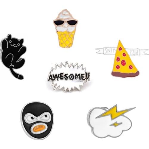 Animal Cat Brooches Pizza Ice Cream Cloud Masked Man Pins Cute Cartoon Fashion Jewelry Gift for Girls Shirts Denim Enamel Badge