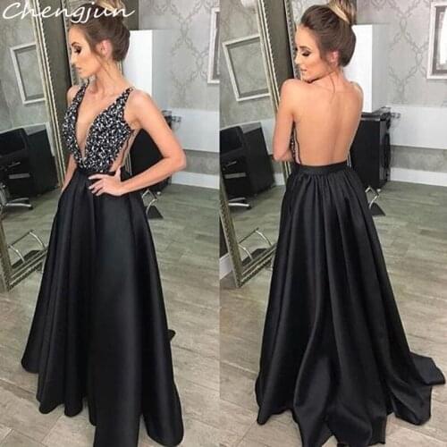 Chengjun Illusion Back Deep V Neck Black Beaded Top Satin Sexy Prom Dresses