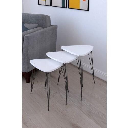 Elite 3 pcs Triangle Zigon Coffee Table and Serving Stand-White made in turkiye