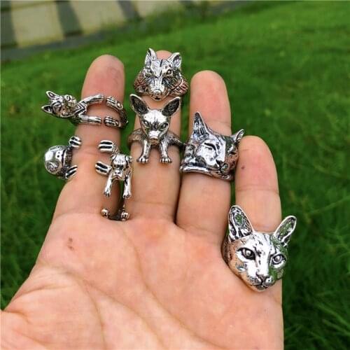 Personality Cute Cat Dog Rings for Women Opening Rings Vintage Color Animal Wolf Ring for Boy Girl Unique Gift Fashion Jewelry