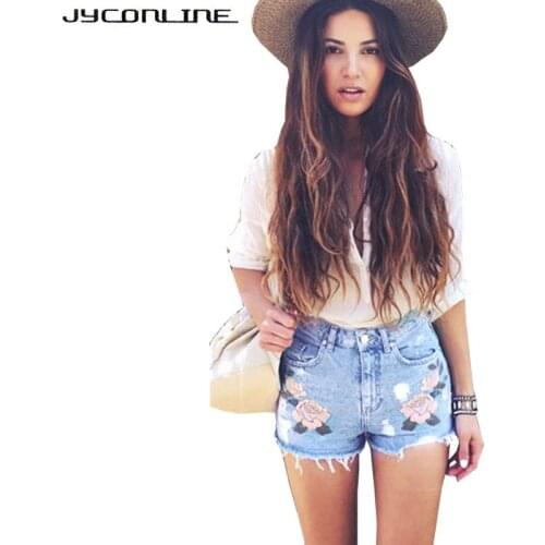 JYConline 2017 Fashion Embroidery Denim Shorts High Waist Stretch Short Jeans Femme Ripped Plus Size Women Shorts Flower Shorts