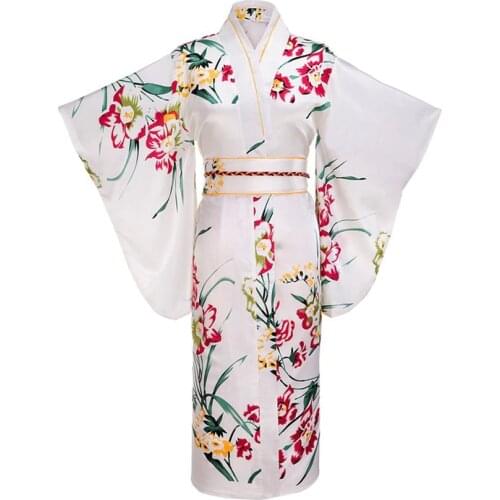 White Japanese Women Fashion Tradition Yukata Silk Rayon Kimono With Obi Flower Vintage Cosplay Costume Evening Dress One size