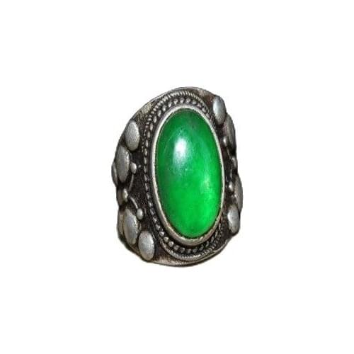 Chinese Old Craft Made Old Tibetan Silver Inlaid Green Jade Silver Ring