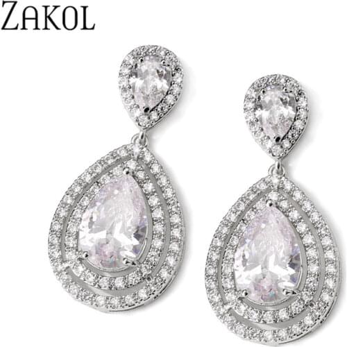 ZAKOL Fashion Bridal Wedding Water Drop Jewllery Shiny Zirconia Crystal Stones Dangle Earrings for Women Friend Gifts EA031