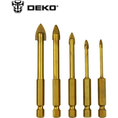 DEKO 5 Pieces Tungsten Carbide TCT Glass Drill Bits Set Titanium Coated Power Tools Accessories with 1/4" Hex Shank