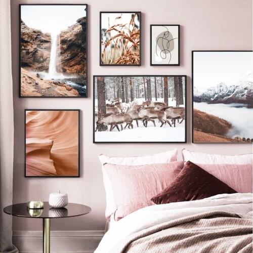 Snow Mountain Deer Waterfall Lake Autumn Rice Wall Art Canvas Painting Nordic Posters And Prints Wall Pictures For Living Room