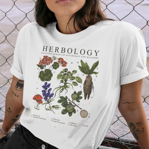 Casual Ladies Basic O-collar Herbology Plants Print Tops Women T-shirt Short Sleeved Women T-shirt Girl,Drop Ship