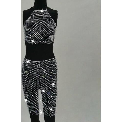 Sexy Summer Bling diamond dress Women beach perspective Two piece Mesh Hollow Sparkling luxury Beach Nightclub Queen party Dress