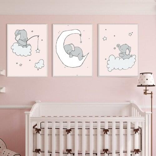 Elephant Moon and Stars Wall Art Print Animal Canvas Painting Nordic Poster Cartoon Wall Pictures Painting Kids Girls Room Decor