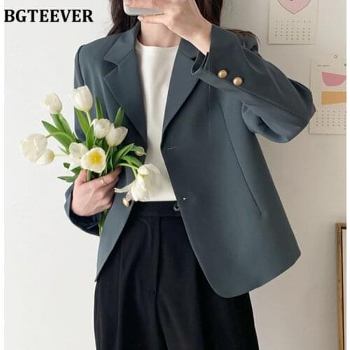 BGTEEVER Stylish Single-breasted Short Blazer Tops Women Notched Collar Full Sleeve Loose Female Suit Jackets Ladies Outwear