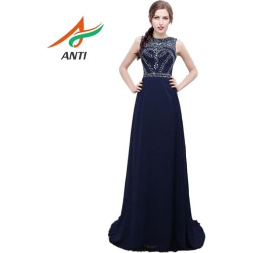 ANTI Formal Evening Dress O-Neck Beaded Crystals Elegant Gown Party Vestido De Festa Longo Robe De Soiree Sweep Train HQY654