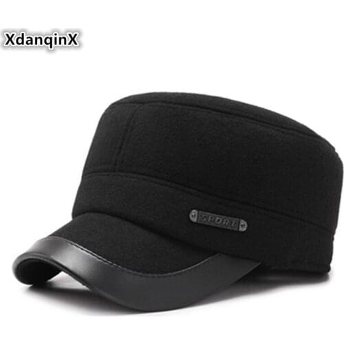 XdanqinX Adjustable Head Size Winter Mens Thick Warm Army Military Hats Flat Cap Snapback Cap Middle-aged Dad Caps Earmuffs Hat