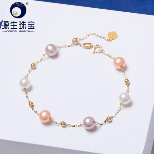 YS 5-6mm Natural Cultured Freshwater Pears Real 18K Yellow Gold Charm Bracelet Au750 Bangles for Women