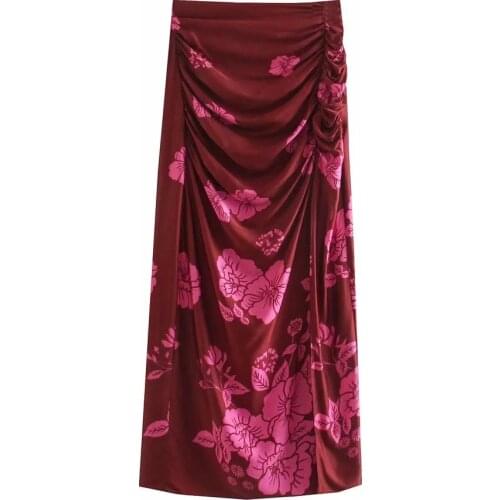 Za New Summer Vintage Print Skirt Women High Waist Package Hip Pencilskirt Fold Effect Front Split Skirts